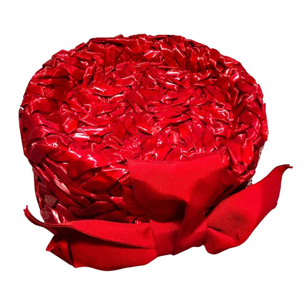 Vintage Mid Century Red synthetic straw pillbox hat Betmar for Garfinckel & Co